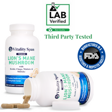 Load image into Gallery viewer, Lions Mane Complex - Nootropic Brain Support & Immunity Boost - Pure Fruiting Body Extracts, 120 Vegetable capsules, Made in USA.