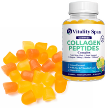 Load image into Gallery viewer, Collagen, Biotin + Vitamins Complex for Beautiful Skin, Hair & Nails, Healthy Joints, 60 Low Sugar Lemon Gummies. Made in USA.