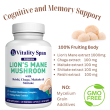Load image into Gallery viewer, Lions Mane Complex - Nootropic Brain Support &amp; Immunity Boost - Pure Fruiting Body Extracts, 120 Vegetable capsules, Mande in USA.
