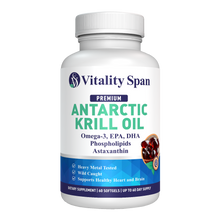 Load image into Gallery viewer, A bottle of Vitality Span Antarctic Krill Oil with the label showing the product name, premium ingredients, and health benefits such as supporting heart and joint health, no fish oil aftertaste, and heavy metal tested.
