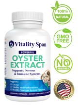 Load image into Gallery viewer, Vitality Span Pure Oyster Extract - Highly Concentrated ZINC Supplement for Men &amp; Women – Supports Energy, Stamina and Libido;  500 mg, 60 Vegetable Capsules, Made in USA
