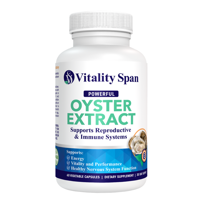 Vitality Span Pure Oyster Extract - Highly Concentrated ZINC Supplement for Men & Women – Supports Energy, Stamina and Libido;  500 mg, 60 Vegetable Capsules, Made in USA