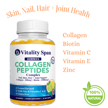 Load image into Gallery viewer, Collagen, Biotin + Vitamins Complex for Beautiful Skin, Hair &amp; Nails, Healthy Joints, 60 Low Sugar Lemon Gummies. Made in USA.
