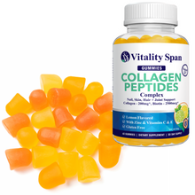 Load image into Gallery viewer, Collagen Biotin Complex for Beautiful Skin, Hair and Nails, Healthy Joints, 60 Low Sugar Lemon Gummies. Made in USA.
